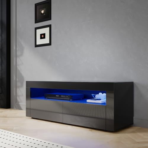 SIRHONA Meuble TV Noir, Meuble Tele avec LED, Éclairage LED RGB avec Couleur réglable, 2 Placards avec Portes, 120x40x45cm, Convient pour Salon ou Chambre
