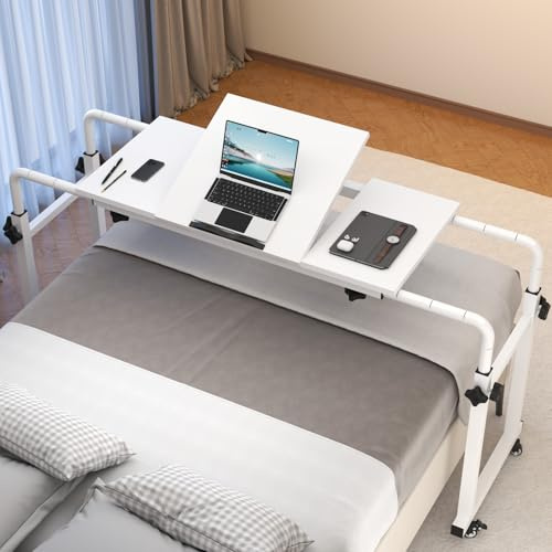 GOFEI Verstellbarer Betttisch mit neigbarer Oberseite und feststellbaren Rädern, höhenverstellbarer Rolltisch für Bett, Arbeit, Studium und Mahlzeiten, stabiler Nachttisch mit Skalenbeinen und