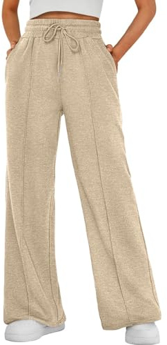 Yutdeng Pantalones Anchos Mujer Jogger Pantalón Chándal con Bolsillos Cordón Cintura Elasticos Casual Frescos Palazzo Pantalon Ancho Mujer Largo Deporte Yoga Correr Pijama Comodos,Caqui,M