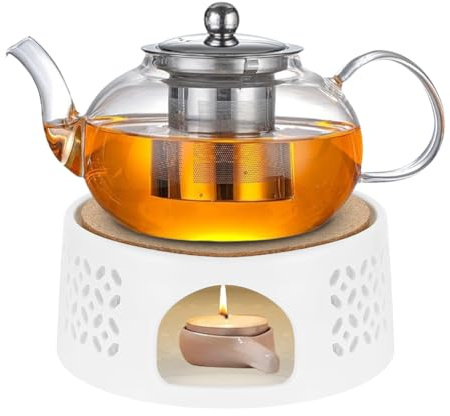 LOMUG Teekanne mit Stövchen, 1000ML Teekocher mit Teesieb und Stövchen, Teekanne mit Siebeinsatz und Stövchen, Glas Teekane mit Infuser für Schwarzen Tee Grüner Tee Fruchttee Duftender Tee Teebeutel