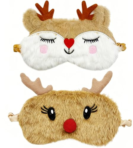 2 stycken jul ren sovmask, söt plysch ögonmask för sömn, 3D mjuk resa ögonskydd rolig ögonmask för barn vuxna, tecknad ögonbindel för flickor pojkar tupplur