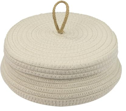 HMF Aufbewahrungskorb Badezimmer rund, Korb mit Deckel aus Baumwolle | Flach | 25,5 x 11,5 cm | Creme