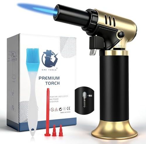 Navpeak Kitchen Butane Torch Lighter, Refillable Jet Flame Torch with Fuel Gauge, Continuous Flame Lock & Base Stand for Cooking, Baking, Creme Brulee, Camping, Soldering, (Gold) (Butane Not Included)