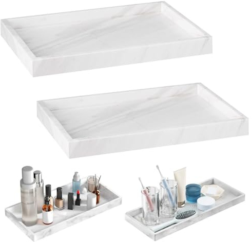 Bathroom Vanity Tray, 2 Pack Bathroom Counter Tray, 20x10cm Decorative Silicone Cosmetic Trays Jewelry Trays Mini Dish Cosmetics Holder for Soap Dispenser Perfume Jewelry(Marble White)