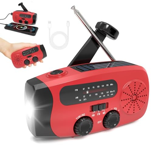 Notfall-Solarradio mit Handkurbel zur Selbstaufladung, Kurbelradio mit Solar und LED Taschenlampe,2000mAh Solar Radio,SOS-Alarm,AM/FM/WB, Weltempfänger für Camping und Outdoor (red)