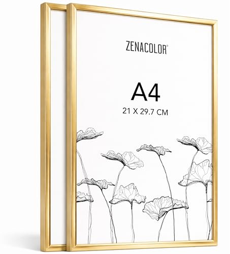 Zenacolor Bilderrahmen 2er-Set A4, Aluminium Gold - Schutzfolie Gegen Kratzer, Flexibel Aufhängbar Oder Freistehend