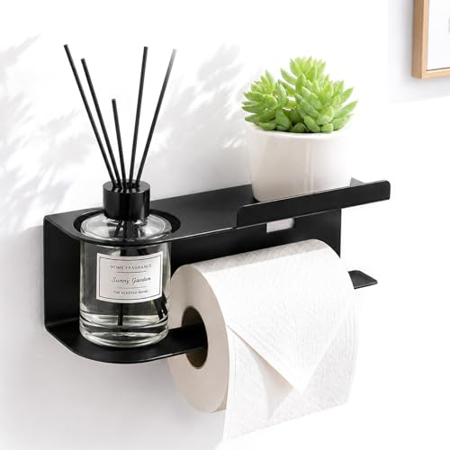 VINATO Portarotolo carta igienica adesivo acciaio inossidabile porta rotolo carta igienica da parete con ripiano per bagno, senza foratura, nero