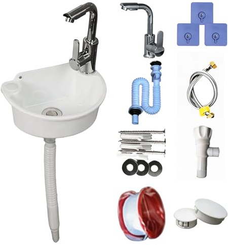 Lavabo de Pared de Plástico con Grifo Mezclador, Kit Completo con Tubo de Desagüe y Mangueras Lavamanos Compacto para Baño Jardín y Camping (Blanco)