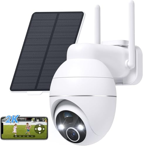 YESKAMOU Caméra de Surveillance en Plein air Wi-FI 2K avec Panneau Solaire, 360° PTZ sans Fil Outdoor WiFi Cameras with Battery, Colour Night Vision, 2,4 GHz, Supports Alexa | Caméra de surveillance, à piles, vision nocturne en couleurs, fonctionne avec Alexa, 360° PT, 2,4 GHz