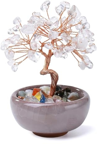 HIVTE Árbol de la Vida de Cristal Blanco con Maceta de Cerámica, Árbol del Dinero Feng Shui de Gemas para Decoración de Hogar y Oficina, Adorno de Escritorio, Regalo para Mujer