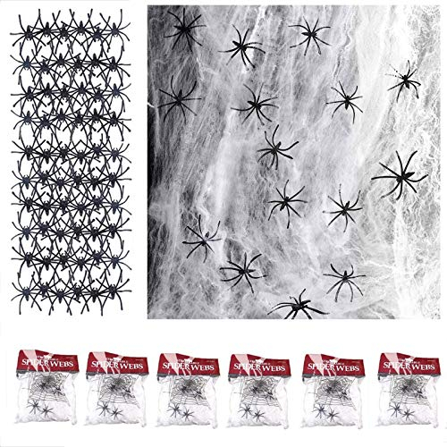 FINEVERNEK Ragnatela Halloween, 6 Pezzi Ragnatela di Decorazione di Halloween, 120g Ragnatela Bianca e 60 Pezzi Ragni Neri Decorazioni di Halloween