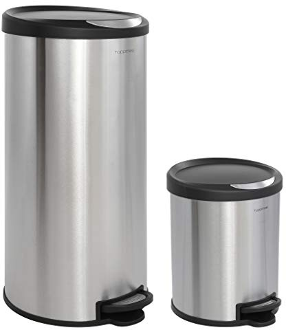 happimess HPM1001A Mini Cubo Basura con Pedal, para Hogar, Oficina, Bote Basura Cocina, Grande: 30 Litros, Pequeño: 5 Litros, Acero Inoxidable/Negro