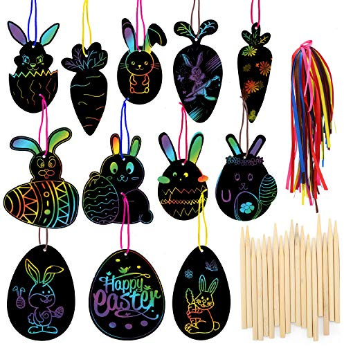 HOWAF 36 Stück Osterei Kratzbild für Kinder, Osterhase Kratzbilder Osterdeko Kratzpapier Bastelset Geschenke Kinder Kleine Ostergeschenke Mitgebsel, Mit Holzstiften Bändern