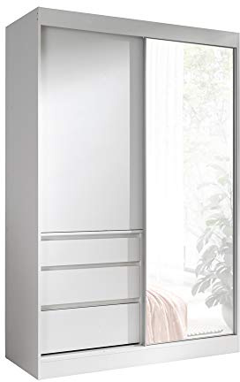 FurnitureByJDM Kleiderschrank mit Spiegel – 2 Schiebetüren, 2 Kleiderstangen & 3 Schubladen – Schiebetürenschrank 140 cm Breit - Haiti (Weiß/Weiß)