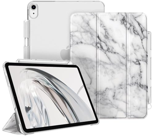 Fintie Hülle für iPad Air 11 Zoll M4/M3/M2, iPad Air 5./4. Gen 10,9 Zoll | ultradünne leichte Schutzhülle mit Stifthalter, transparenter Rückseite Case Cover, Auto Schlaf/Wach Funktion, Marmor Weiß