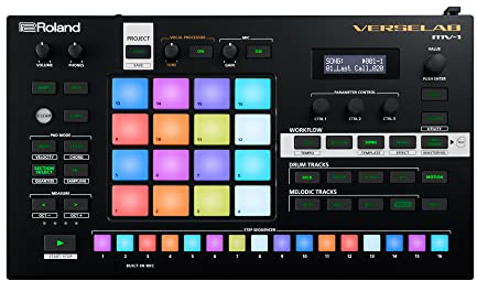 Roland VERSELAB MV-1 ZEN-Core Professional Song Production Studio for Songwriter and Singers.4x4 pads and TR-REC Step Sequencer for drums, basslines, and melodic parts.