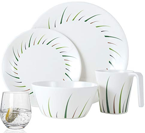 Melamin Camping Geschirr Set 4 Personen Limon Design 16 Teilig + 4 Wassergläser Saft Gläser Tafelgeschirr Picknick BBQ Kochgeschirr