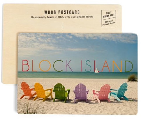 Block Island, Rhode Island, Colorful Beach Chairs (4x6 Birch Wood Postcards, 2-Pack Stationary, Rustic Home Wall Decor)