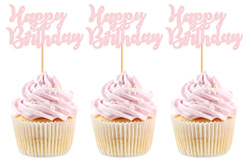 Blumomon 24Pcs Pink Glitter Birthday Cupcake Toppers and Cake Decorations Picks for Party Supplies