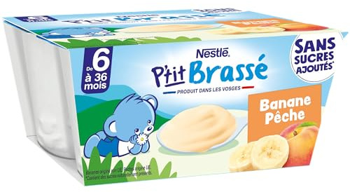 Nestlé Bébé - P'tit Brassé - Laitage Pêche Banane sans sucres ajoutés - dès 6 mois - 4 x 90g