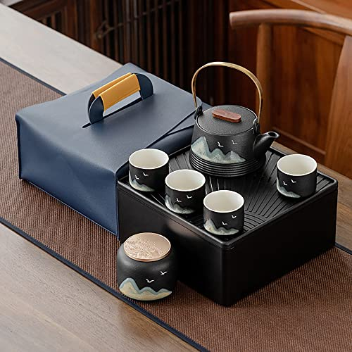 Gongfu Tea Set, Japanese Black Pottery Loop-Handled Teapot with Infuser, 4 Cups, and 1 Tea Caddy, Portable Travel Package