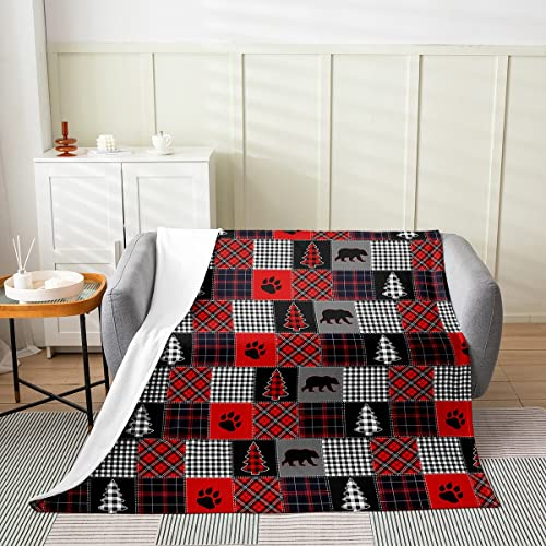 Rustikale Bären Fleecedecke für Kinder Jungen Mädchen grau rot schwarz kariert Gitter Patchwork Flanelldecke Bauernhaus Pfote Jagd Tier Schlafzimmerdekoration geometrische Plüschdecke, 100 x 130 cm