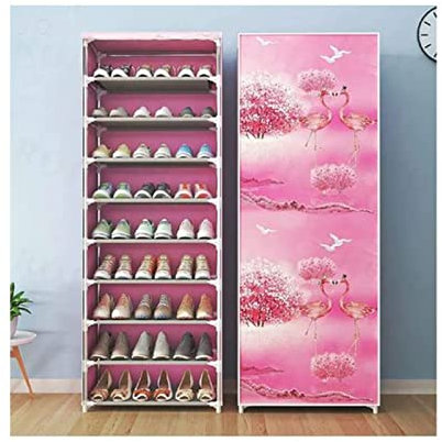 YASTA Scarpiera In Tessuto TNT 10 Ripiani Salvaspazio Armadio Scaffale Portascarpe Pieghevole Verticale Slim con Copertura Antipolvere Organizer Scarpe Mobiletto da Campeggio 60x30x160 cm (Rosa)