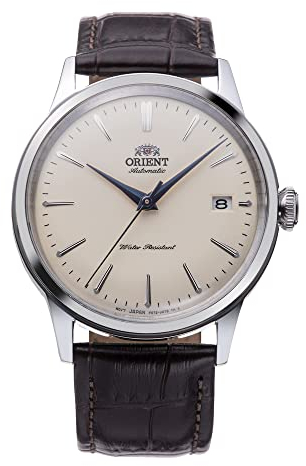 Orient Automatik Herren Armbanduhr aus Edelstahl und Leder in der Farbe Silber-beige, Gehäuse 38 mm, wasserdichte: 3 ATM, RA-AC0M04Y10B