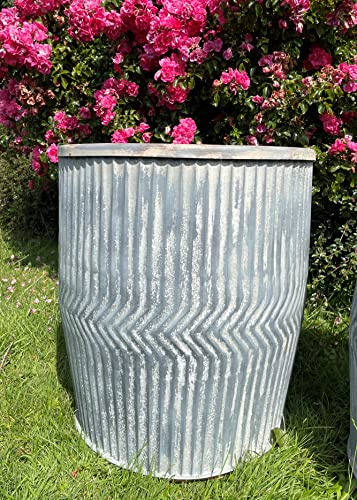 Discount Garden Statues Galvanised Chevron Dolly Tub | Metal Steel Zinc Garden Flower Pot Trough Planter L, Grey (HG1489LAR)