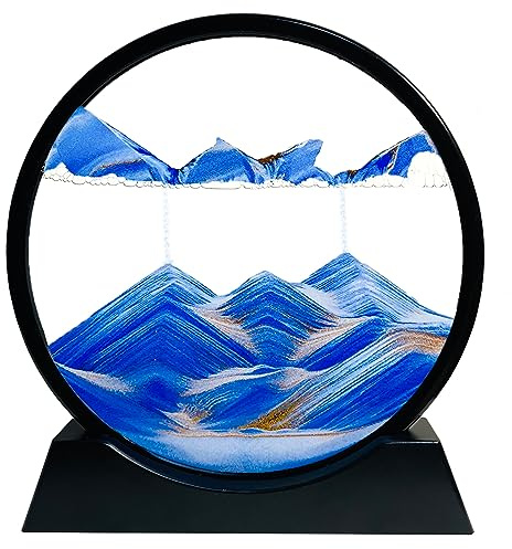3D Sandbilder Zum Drehen - Dynamisches Sandbild Runde Glas Rahmen, Bewegliche Sandkunst Landschaft, Fließende Sandmalerei Geschenk für Büro Desktop Ozean Dekoration (Blau, 12)
