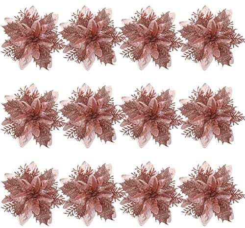 TOYANDONA 12Pcs Christmas Poinsettia Flowers, Artificial Glitter Poinsettia Flowers Home Party Wreath Decorations Christmas Tree Ornaments Party Decoration with Stems and Clips- Rose Red