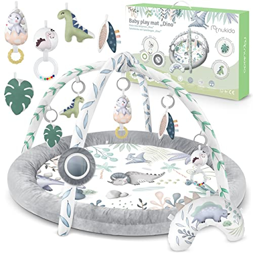 Nukido Spielbogen Baby Interaktiv - 5in1 Krabbeldecke Spielmatte - Laufstall Babynestchen für Neugeborene mit Bauchzeit-Kissen - 2 Bögen mit 7 Sensorik-Spielzeugen - 56 cm Grau