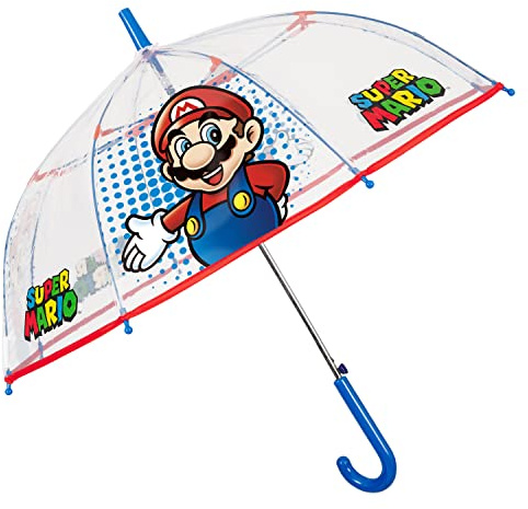 PERLETTI Ombrello Trasparente Super Mario Bambino 4 5 6 Anni - Ombrellino Automatico Rosso Colorato con Pois Blu Antivento Resistente - Ombrello Bimbo Scuola Materna Asilo Sicuro - Diametro 76 cm