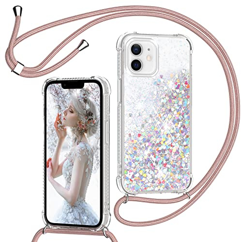 TUUTPU Coque pour iPhone 11 6,1'' avec Cordon, Paillette Liquide Étui pour Téléphone avec Lanière, Transparent Silicone Collier Réglable Protection Housse Portable Lanyard Case, Or Rose