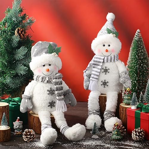 Liliful 2 Pcs Cute Christmas Snowman Decorations with Dangling Legs, Sitting Snowman Plush Toys for Winter Holiday Table Home Mantel Decor Xmas Gift