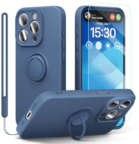 pcgaga Silicone Phone Case for 15 Pro Max with Screen Protector [Ring Holder Stand] [Wrist Strap] [Microfiber Lining] Slim Shockproof Protective Cover, 6.7 Inch, Blue