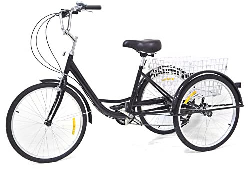 DeeDuud 24 Zoll 3 RäDer Fahrrad 6 Gang Erwachsene Dreirad Mit Faltbar Einkaufskorb Premium-Einkaufsdreirad FüR StäDte SträNde Und Radwege (Schwarz)