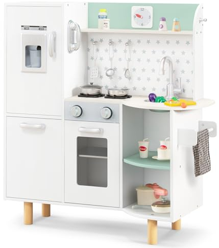 COSTWAY Kids Play Kitchen, Wooden Pretend Cooking Playset wih Sink, Stove, Ice Maker and Abundant Accessories, Toddler Chef Toy Set for Boys Girls