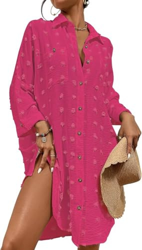 Bsubseach Femme Maillot De Bain Cover Up Robe Chemise D’éTé Button Down Lin Beach Coverup Top Resort Wear Rose Rouge M