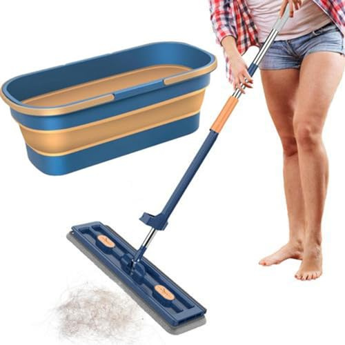 Balai à franges avec seau, grand balai plat avec chiffon absorbant, balai à laver mains libres avec rotation à 360 degrés, fonction anti-plis, nettoyants ménagers et accessoires