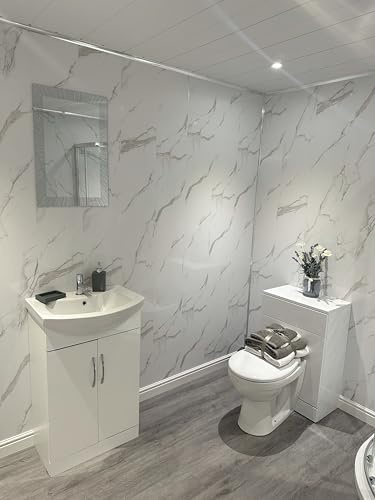 DBS Bathrooms White Marble 8mm PVC Bathroom Wall Panels, Shower Wet Wall, Kitchen Cladding (6 Panels)