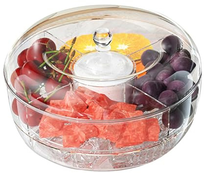 Snackschale mit Deckel, Snackteller mit Fächern 360° Drehbar, Rotierende Aufbewahrung mit 4 Fächer, 22.5cm Snack-Serviertablett für Gemüse, Süßigkeiten, (Auf den Boden können Eiswürfel gelegt Werden)
