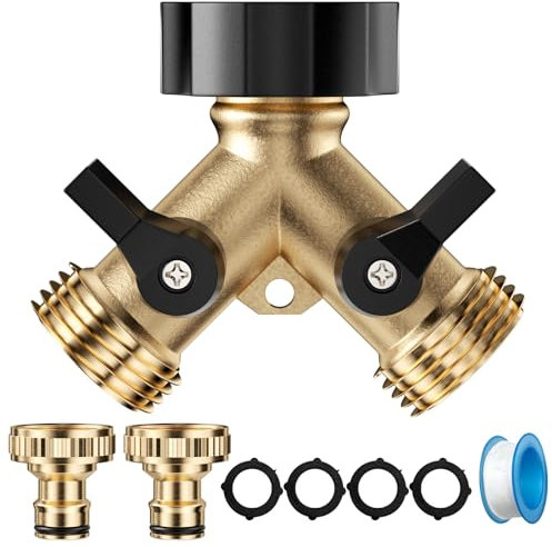 Lectorias Robinet Double Sortie, Répartiteur d'Eau, Robinet Double Sortie Machine avec Interrupteur de Commande, Double Sortie Tuyau Arrosage, Distributeur en y à 2 Voies Robinet pour Jardin(Jaune)