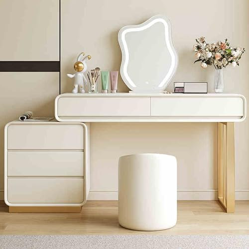 Ernqi Schminktisch Mit Spiegel Und Beleuchtung, Stuhl, Schublade Aus Weichem Samt, Leise Gleitschiene, Links Und Rechts Austauschbar, Ausziehbarer Lagerschrank, Fürs Schlafzimmer (Beige,C_31.5IN)