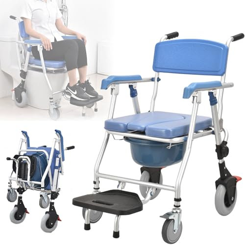 vanenferse Sedia WC per Anziani, 3-in-1 Sedia da Doccia Toilette E Rotelle Pieghevole con Ruote, Sedia WC Comoda per Anziani Disabili E Donne Incinte, Sedia per Doccia con Poggiapiedi Pieghevole