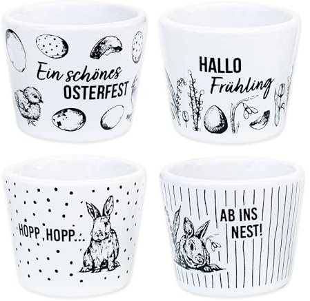 Papierdrachen - 4er Set Eierbecher Porzellan - Frühling & Ostern - mit Motiv innen - Osterdeko - Weiß Schwarz - Eierhalter