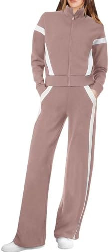 Lounge-Set für Damen, Jogginghose und Sweatshirt, langärmelig, Reißverschluss, Stehkragen, Sporthosen-Set, Damen-Trainingsanzug, Pyjama-Set, braun, M