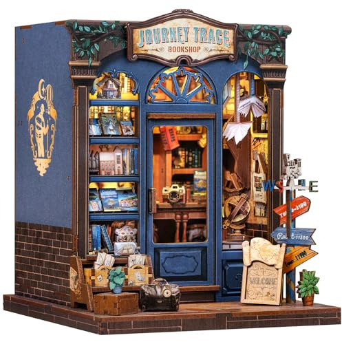 CUTEBEE Boknock-kit – gör-det-själv miniatyrdockskåp kit för vuxna, 3D-pussel, bokstöd i trä, gåvor för familj, vänner (Journey Trace Bookshop)