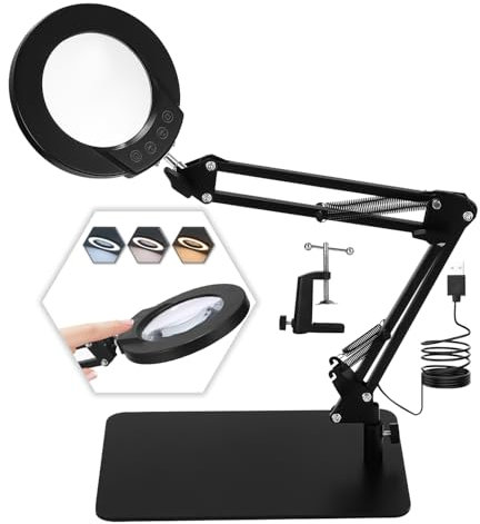 Lampe loupe sur Pied,Lampe de Bureau Loupe, 10X Loupe avec Lumière et Support, Lampe Loupe LED avec Bras Pivotant,Lampe de Bureau avec 3 Modes de Couleurs Réglables pour Lecture,Réparation,Artisanat