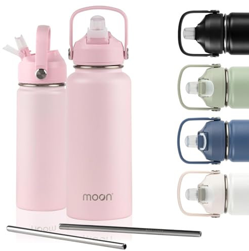 moon bottles - Insulated Water Bottle with Straw - Stainless Steel Sports Drink Bottle, Thermal Flask, 24hr Cold, 12hr Hot, Double Walled, Metal Straw, Silicon Spout, UK Company (1L, Pink)